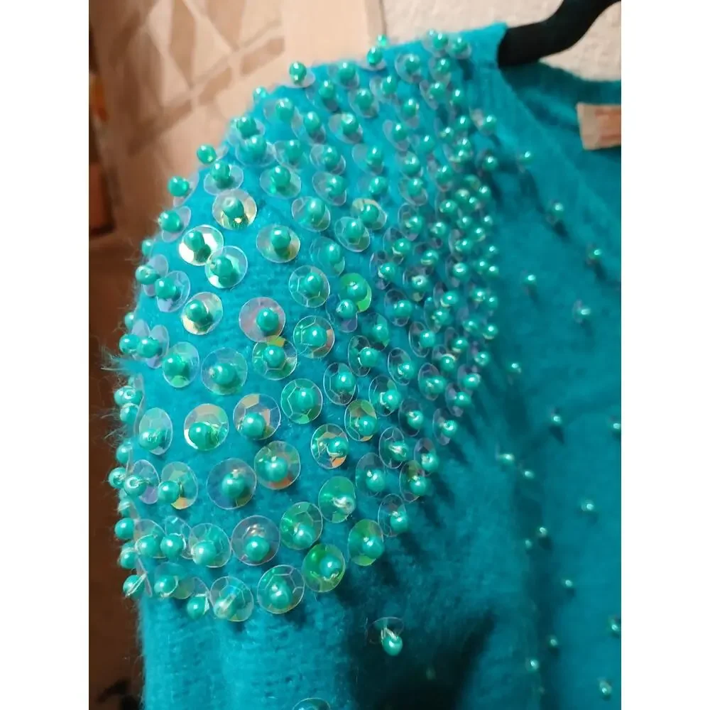 1980s Beaded Sequin CASHMERE Sweater Sz Small‎ Aqua Green Round Neck Barbiecore
